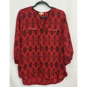 Takara Red Black Print Top Blouse 3/4 Sleeve Womens‎ Size M